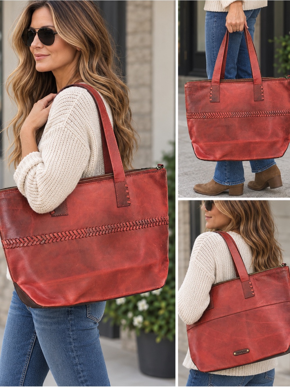 Frye & Co. Red Distressed Leather Large Tote Bag Braided Detail